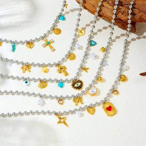 Stainless Steel Beaded Necklace For Women Alloy Faux Artificial Pearl Crystal Heart Cross Evil Eye Pendant Bohemian Layering Jewelry