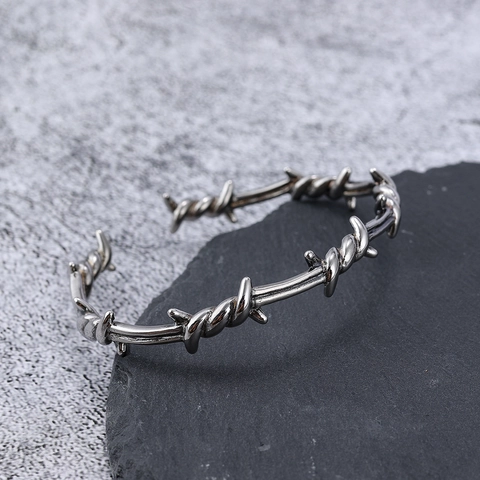 Brazalete Abierto De Alambre De Espino De Acero Inoxidable Punk Gótico Ajustable Para Hombre Mujer Estilo Industrial