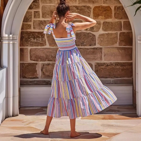 Vestito Maxi A Righe Colorate Arricciato Poliere Spalline Da Annodare Balze Vacanze Estive Senza Maniche Donna