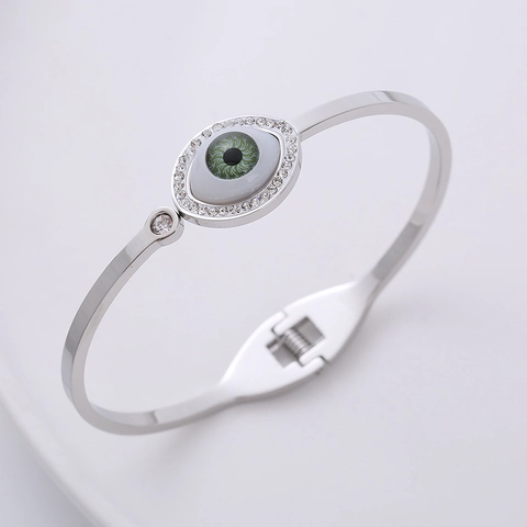 Bracciale Rigido Malocchio In Acciaio Inossidabile 304 Con Pietra Occhio Di Gatto E Zirconia Regolabile Per Donna