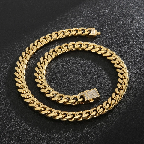 Collar Y Pulsera De Cadena Cubana Hip Hop Acero Inoxidable Hebilla Plana Helada Joyería De Moda Hombres Mujeres