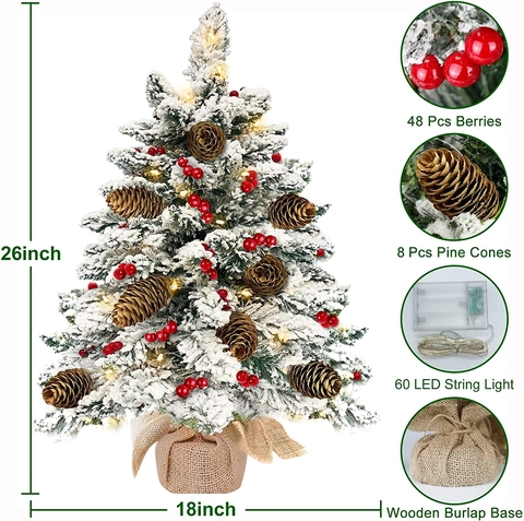 Mini Beflockter Weihnachtsbaum Mit LED Lichterkette Kiefernzapfen Und Beeren Jutebasis Desktop Feiertagsdekor