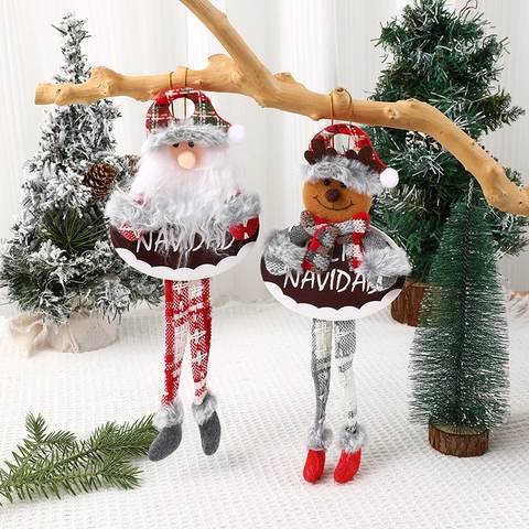 Weihnachtsanhänger Langbeinige Plüschpuppe Weihnachtsmann Schneemann Rentier Bär Feliz Navidad Schild Karierter Stoff Deko