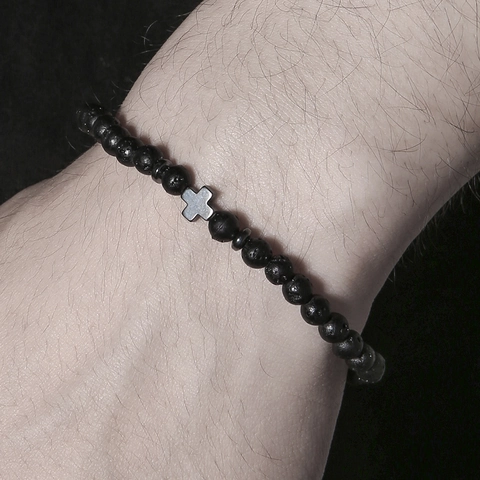 Bracciale Perline Uomo Pietra Lavica Ematite Turchese Rosso Elastico Lega Ciondolo Croce Religioso Fede Gotico Gioiello Regalo