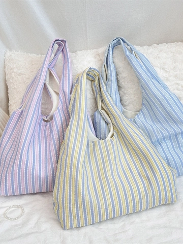 Sac À Épaule En Toile Rayée Style Coréen Grande Capacité Texture Seersucker Sac À Main Fourre-Tout Décontracté Pour Femme