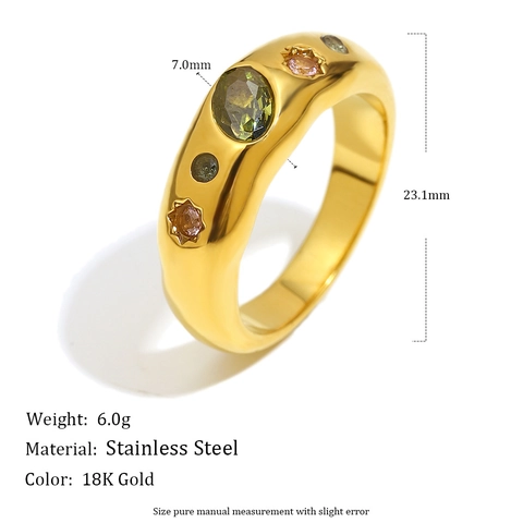 Vintage Geometric Dome Ring Stainless Steel 18K Gold Plated Colorful Zircon Inlay Chic Jewelry Accessory For Women