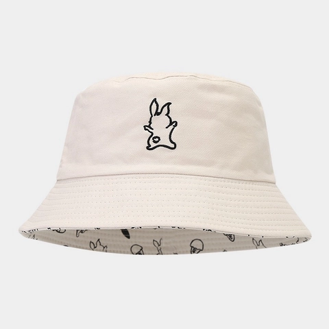 Sombrero De Pescador Reversible Algodón Protección Solar Ala Ancha Bordado Conejo Gato Dibujos Animados Unisex