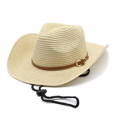 Chapeau De Cow-Boy En Paille Tissée Large Bord Protection Solaire Respirant Pour Hommes Femmes Plage Extérieur Été