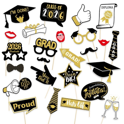 Graduation Photo Booth Props Class Of 2026 Paper Handheld Props On Wood Sticks Black Gold Party Decoration For Graduates