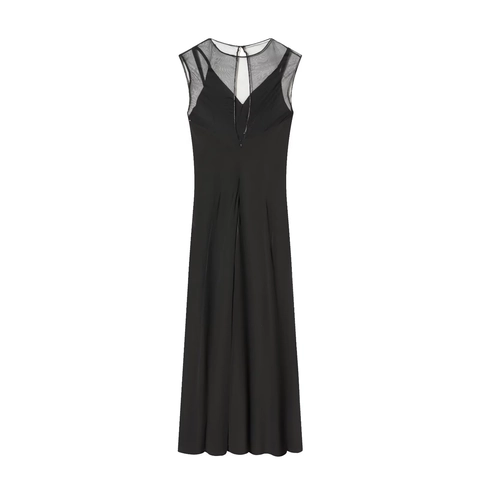Dames Mouwloos Mesh Stiksels Transparante Maxi Jurk Elegant Zwart A-Lijn Avond Feest Lange Jurk Streetstyle