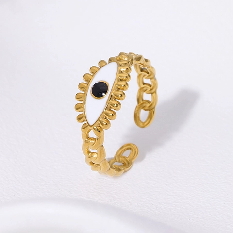 Anillo Abierto De Ojo Turco Acero Inoxidable Chapado En Oro 18K Esmalte Diseño Cadena Joyería De Moda Única Ajustable Mujer