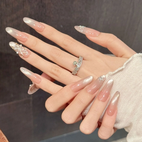 Unghie Finte Fatte A Mano Sfumate Rosa Nude Perla Artificial Strass Elegante Fiocco Di Neve Lusso Mandorla Lunghe