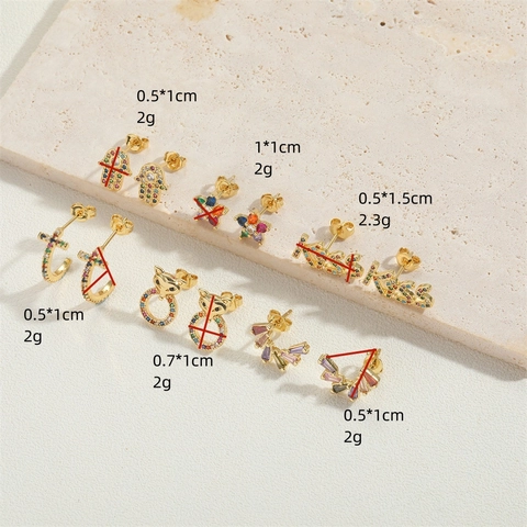 Exquisite 14K Gold Plated Copper Earrings With Zircon Inlaid Colorful Flower Kiss Cross Hamsa Hand Studs Steel Earring Post