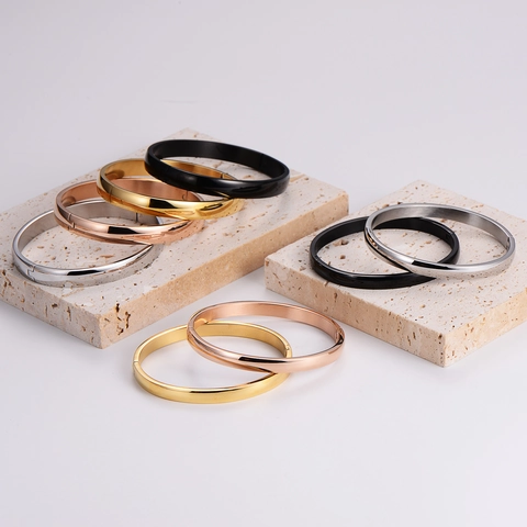 Minimalist 316L Stainless Steel Bangle High Polished Plain Surface Oval Bracelet With Hinge Clasp For Men And Women