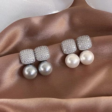 Elegant Copper Drop Earrings With Zircon Micro Pave Square Stud And Round Artificial Pearl For Women French Style Light Luxury