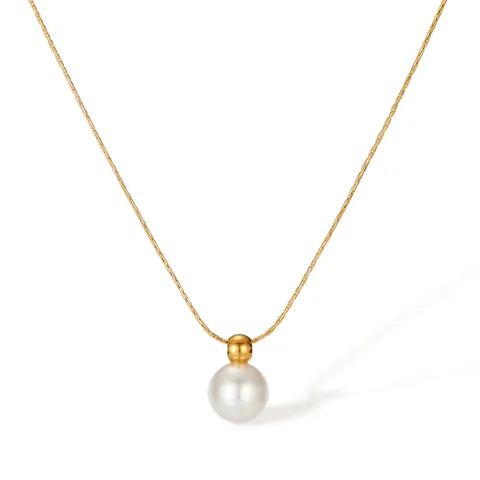 Collar de Colgante de Acero Inoxidable Minimalista Estilo Francés para Mujer Cadena Chapada en Oro con Perla Artificial Blanca