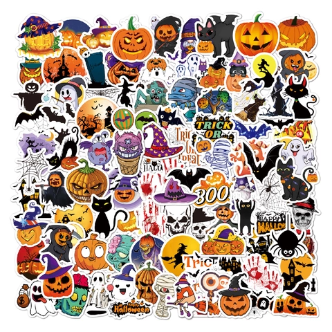 Autocollants Graffitis Halloween Dessin Animé Vinyle Étanche Laser Holographique pour Valise Ordinateur Citrouille Fantôme