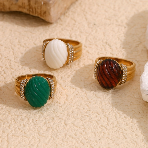 Vintage Ovale Gestreepte Hars Ring 18K Verguld Roestvrij Staal Met Steentjes Franse Stijl Elegante Sieraden