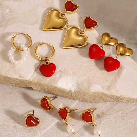 European American Stainless Steel Heart Drip Oil Stud Earrings For Women Gold Plated Red Heart Enamel Artificial Pearl Drop Jewelry Accessory