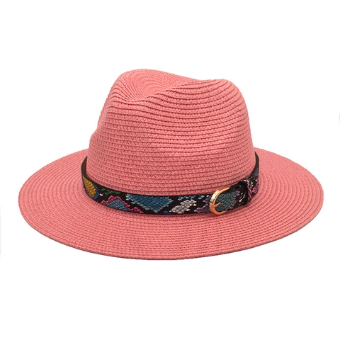 Straw Fedora Hat Sun Protection Summer Beach Travel Woven Jazz Style With Colorful Snake Pattern Band Gold Buckle