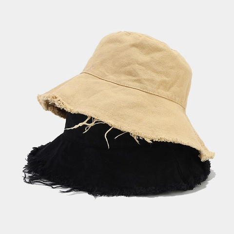 Frayed Edge Bucket Hat Washed Cotton Wide Brim Sun Protection Outdoor Beach Summer Retro Casual Unisex