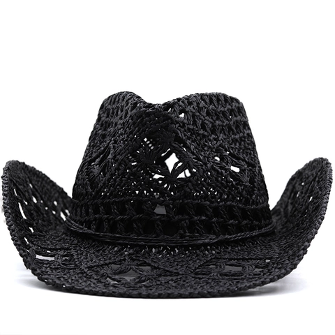 Western Straw Cowboy Hat Hollow Weave Breathable Wide Brim Summer Sun Protection Beach Vacation Vintage Adjustable Unisex
