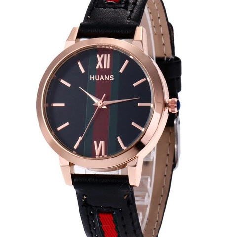 Retro Women Fashion Quartz Watch Alloy Case Faux Leather Strap Red Green Stripes Roman Numerals Analog Display Trendy