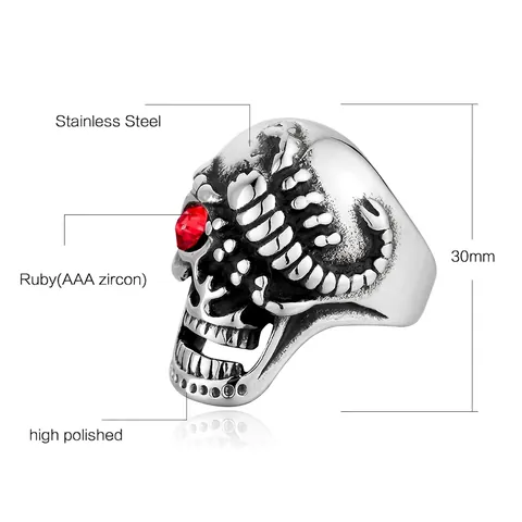 Gothic Punk Men Stainless Steel Skull Scorpion Ring With Red Rhinestone Eye Hip Hop Jewelry