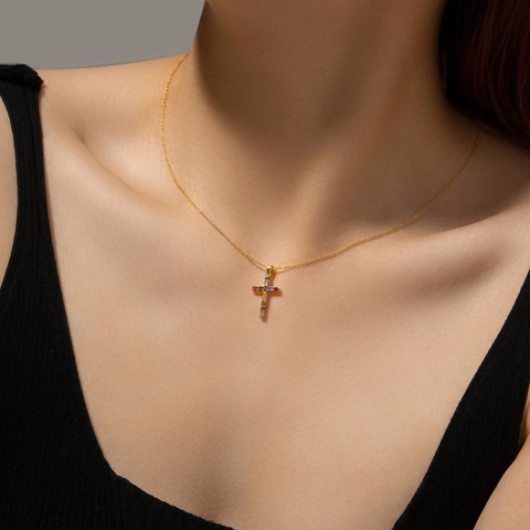 Cross Pendant Necklace 925 Sterling Silver Colorful Zircon Gold Plated Fashion Jewelry For Women
