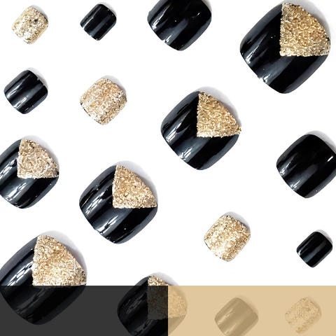 Press On Toenails Black Gold Geometric Triangle Glitter Glossy ABS Square Artificial Fake Nails For Women