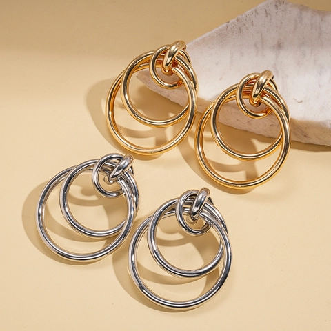 Geometric Triple Nested Hoop Earrings Metallic Hollow Round Minimalist Style For Women With Steel Earring Post