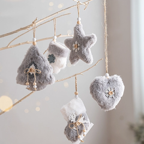 Decorazioni Natalizie Da Appendere In Peluche Pelliccia Sintetica Grigio Bianco Stile Nordico Albero Stella Cuore Calza Guanto
