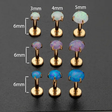 Opal Labret Studs Stainless Steel Flat Back Ear Cartilage Piercing Jewelry Unisex Minimalist Round Stone Accessory