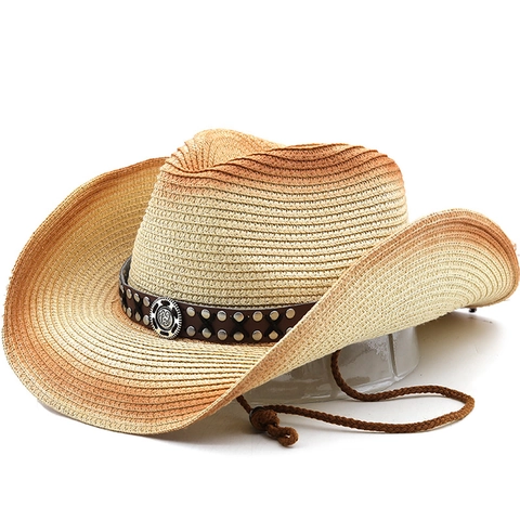 Cappello Da Cowboy Western In Paglia Sfumato Cavo Carta Tesa Larga Con Fascia In Pelle Borchie Metallo Corda Regolabile Uomo Donna