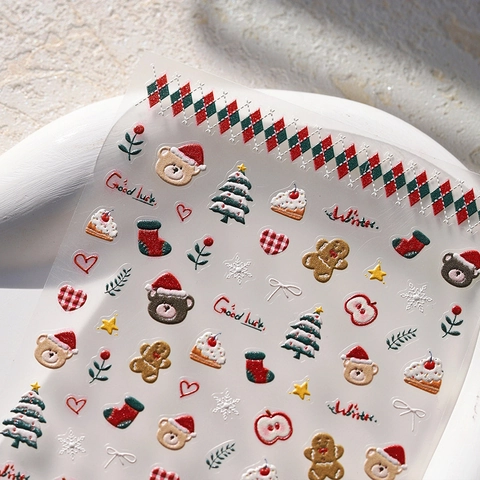 Stickers À Ongles Relief Ours De Noël Vintage Hiver Design 5D Autocollants Décoration Manucure
