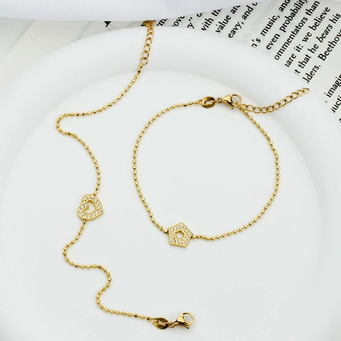 Bracciale Con Pendente A Cuore Geometrico Acciaio Inossidabile Placcato Oro Zirconia Catena A Sfere Regolabile Da Donna