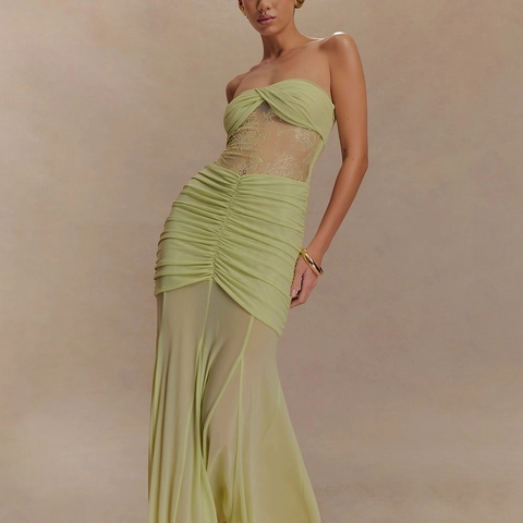 Sexy Tube Top Maxi Dress With Lace Mesh Patchwork Ruched Hollow Out Slim Fit Evening Party For Women