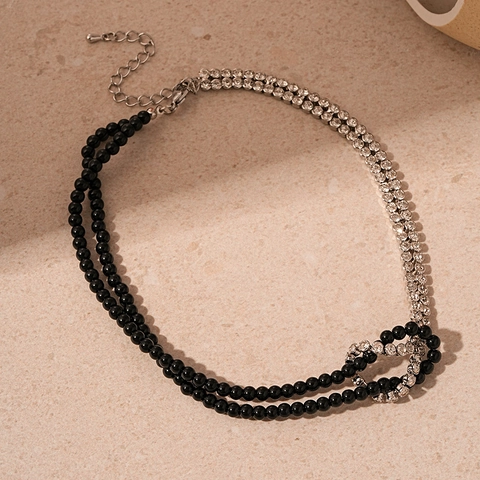 Asymmetric Contrast Color Beaded Rhinestone Necklace Knot Double Layer Alloy Crystal Gothic Fashion Jewelry For Women