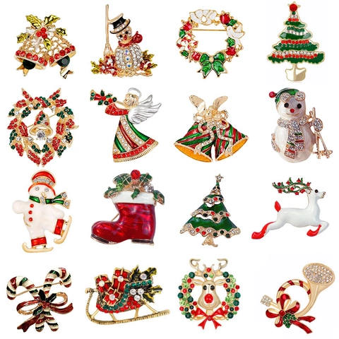 Weihnachtsbroschen Anstecknadeln Legierung Strass Emaille Rentier Schneemann Weihnachtsbaum Kranz Glocke Stiefel Schmuck Damen