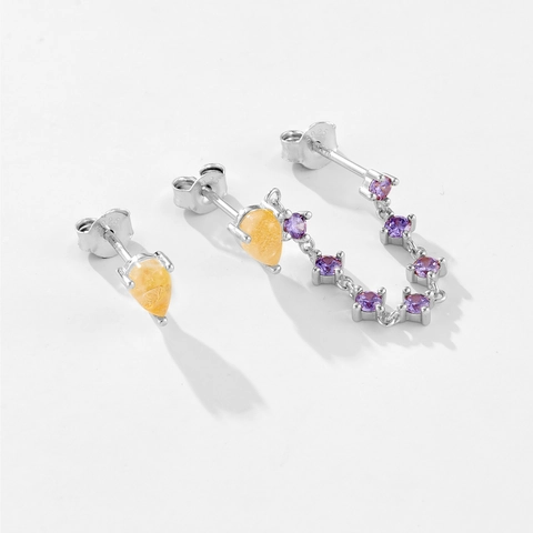 Asymmetrische Kwastjes Oorbellen Met 925 Sterling Zilveren Oorknopje Gele Peer Paarse Ronde Zirconia Sieraden Vrouwen
