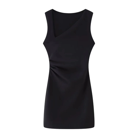 Women Sleeveless V Neck Ruched Mini Dress Polyester Solid Color Slim Fit Elegant Fashion Bodycon Party Dress