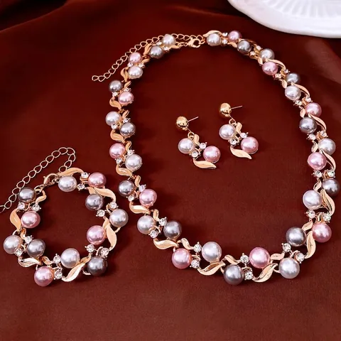 Gioielli Di Lusso Vintage Lega Strass Perla Artificial Imitazione Collana Bracciale Orecchini Con Perno In Argento