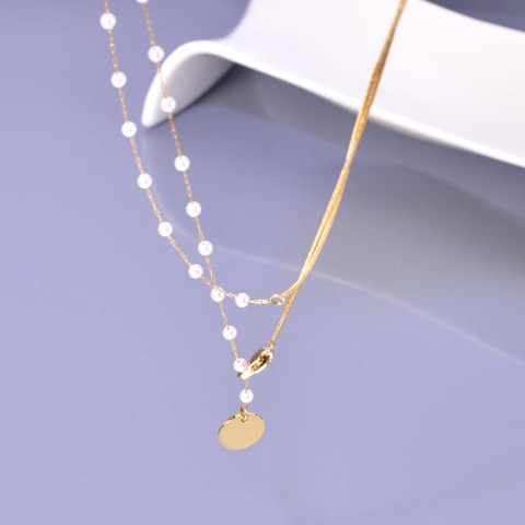 Double Layer Necklace Women Titanium Steel 18K Gold Plated Snake Bone Chain Artificial Pearl Round Disc Pendant Elegant