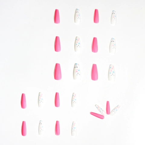 Press On Nails Long Square Matte Pink White 3D Cloud Heart Pattern Cartoon Smiley Face Artificial Nails