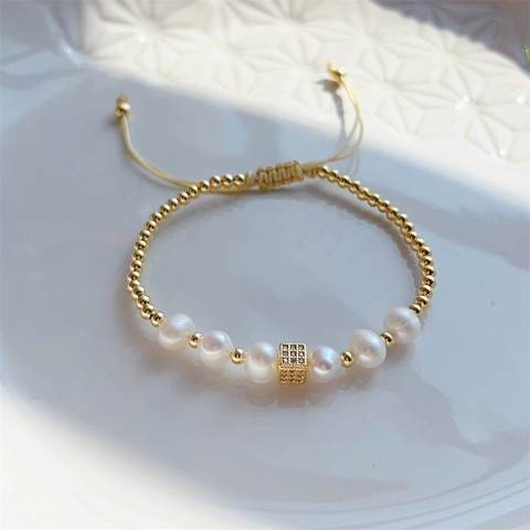 Freshwater Pearl Bracelet 18K Gold Plated Brass Beads Cubic Zirconia Square Charm Adjustable Braided Rope Vintage Jewelry For Women