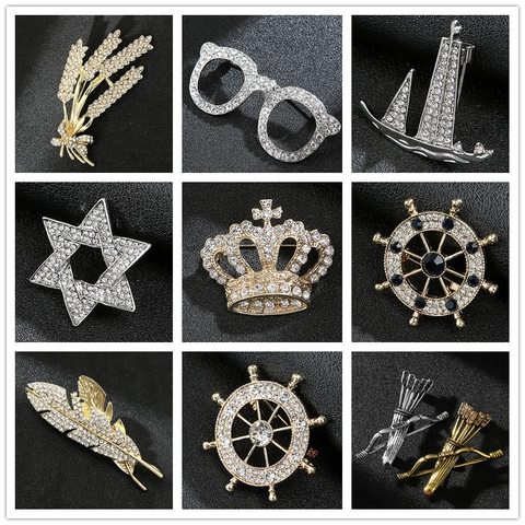 Alloy Rhinestone Brooches Pins For Men Suits Crown Ship Wheel Star Glasses Design Fashion Suit Accessories
