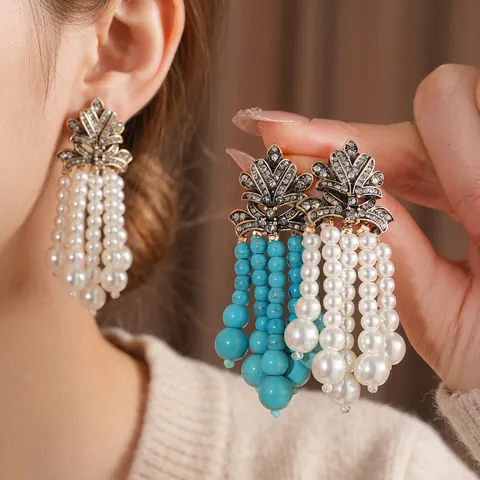 Orecchini Pendenti Vintage Con Nappine Foglia In Lega Strass Künstliche Perle Imitazione Turchese Perno In Argento