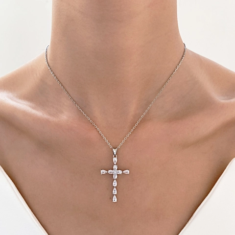 Collana Con Pendente A Croce Lega Zircone Incastonato Goccia Acqua Catena Clavicola Smalto Gioielli Minimalisti Per Donne