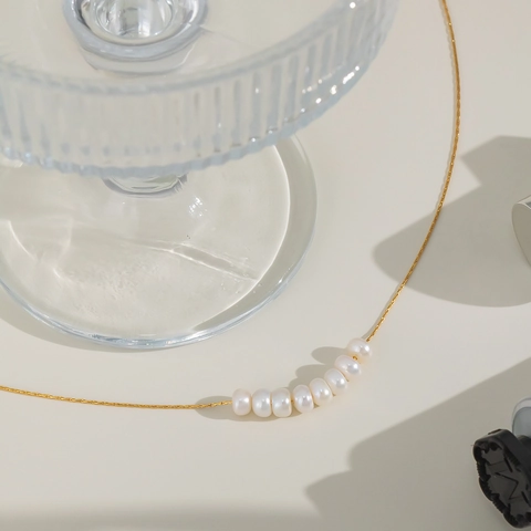 Stainless Steel Necklace Artificial Baroque Pearl Smile Curved Pendant 18K Gold Plated Waterproof Elegant Jewelry For Women