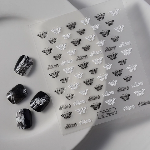5D Embossed Butterfly Nail Art Stickers Black White Relief Hollow Ultra Thin Self Adhesive Decals Manicure Decoration